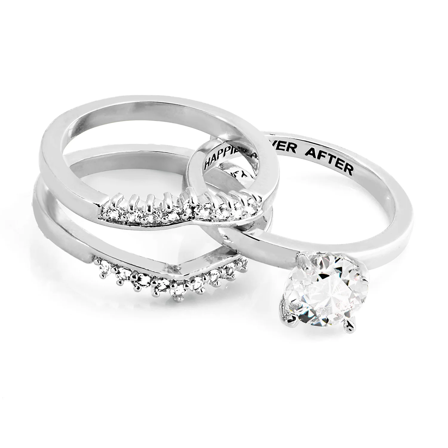 Platinum over Sterling White Topaz Solitaire with Enhancer Engraved Engagement Ring Set - Image 7