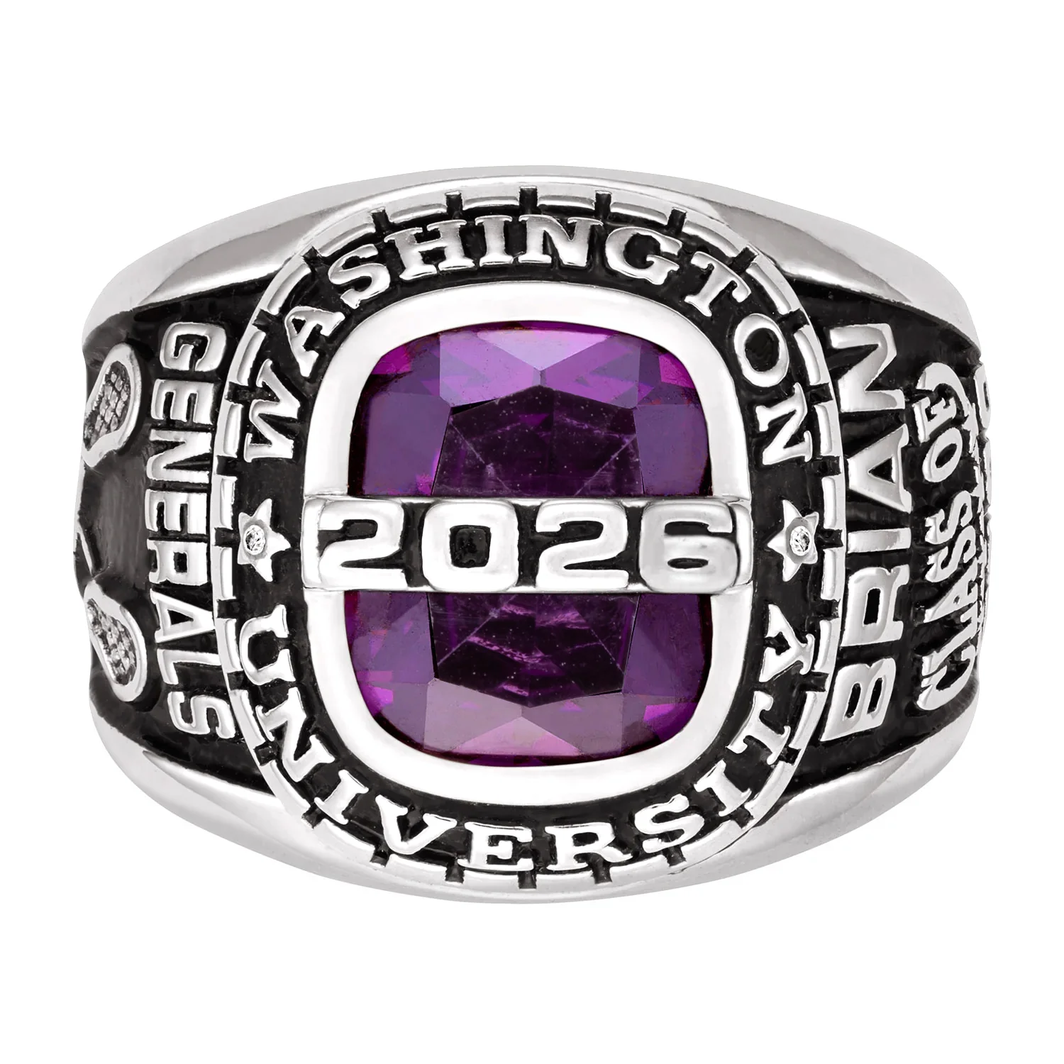 Platinum Plated Sterling Silver Personalized-Top Birthstone Class Ring - Image 2