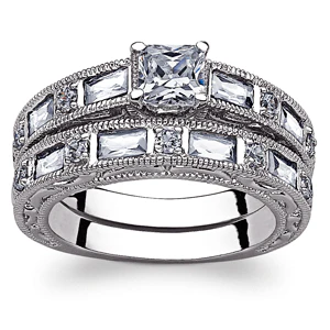 Princess Solitaire and Baguette CZ Wedding Ring Set - Image 2