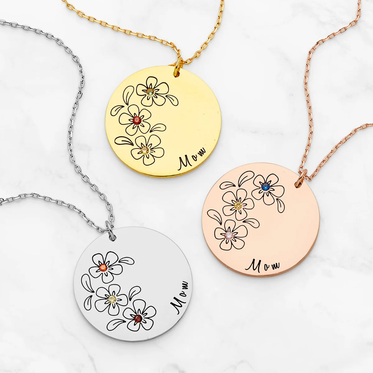 Silver Plated Bouquet of Flowers Birthstone and Name Necklace - Image 4