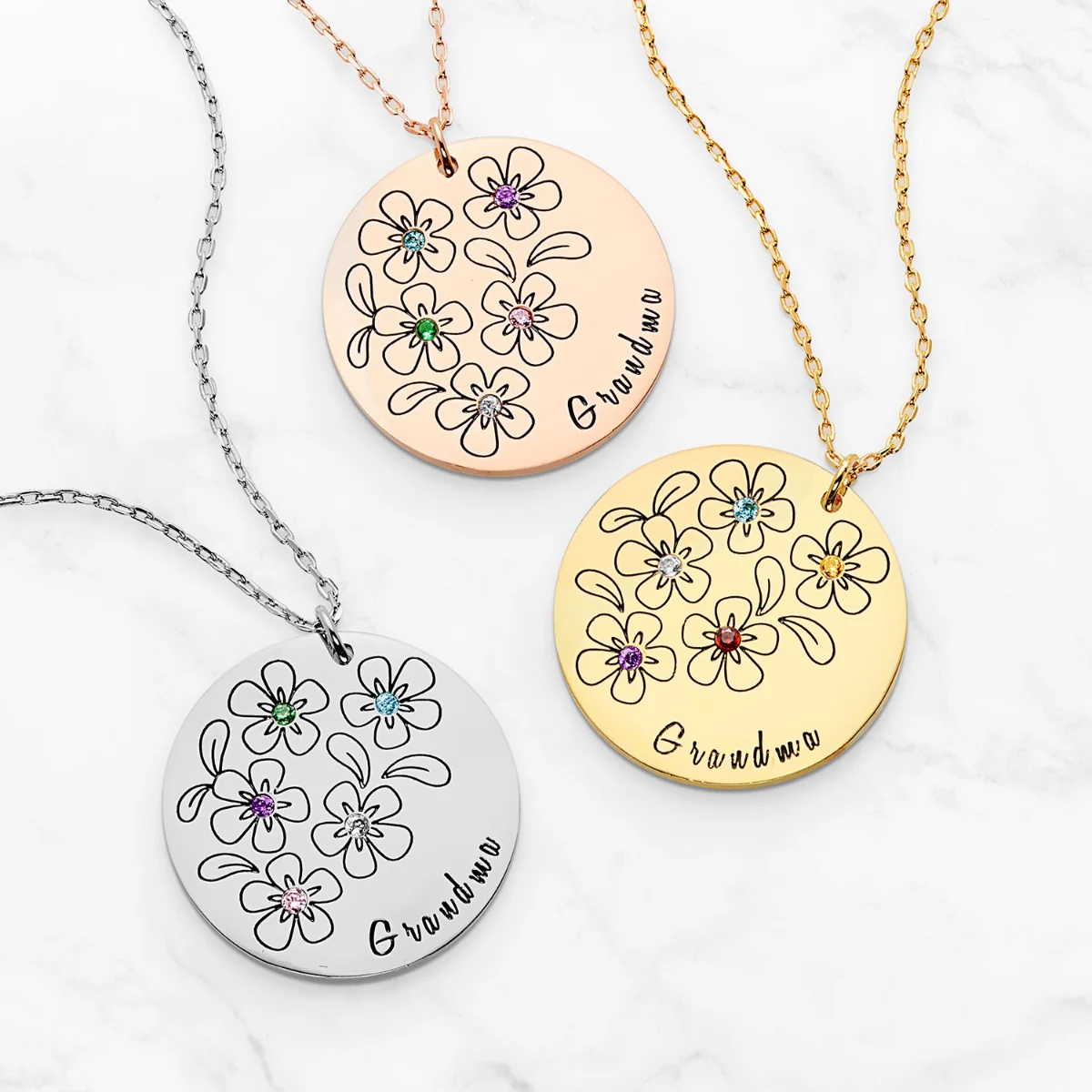Silver Plated Bouquet of Flowers Birthstone and Name Necklace - Image 5
