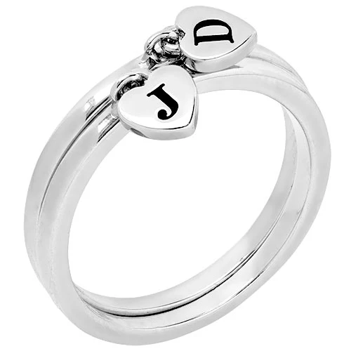 Rhodium Plated Stackable Initial Heart Charm Ring - Set of 2 - Image 3