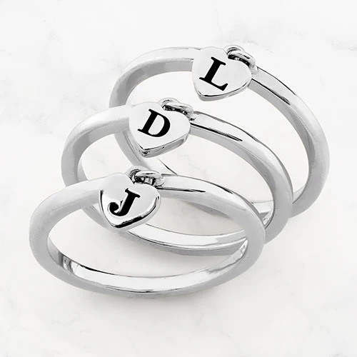 Rhodium Plated Stackable Initial Heart Charm Ring - Set of 3