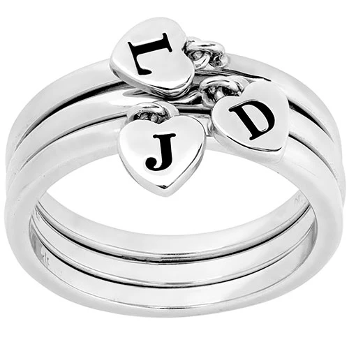Rhodium Plated Stackable Initial Heart Charm Ring - Set of 3 - Image 2