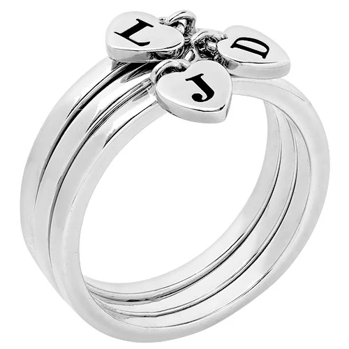 Rhodium Plated Stackable Initial Heart Charm Ring - Set of 3 - Image 3