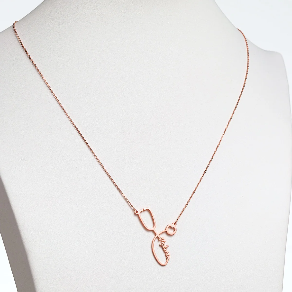 14K Rose Gold over Sterling Script Name Stethoscope with Heart Necklace - Image 3