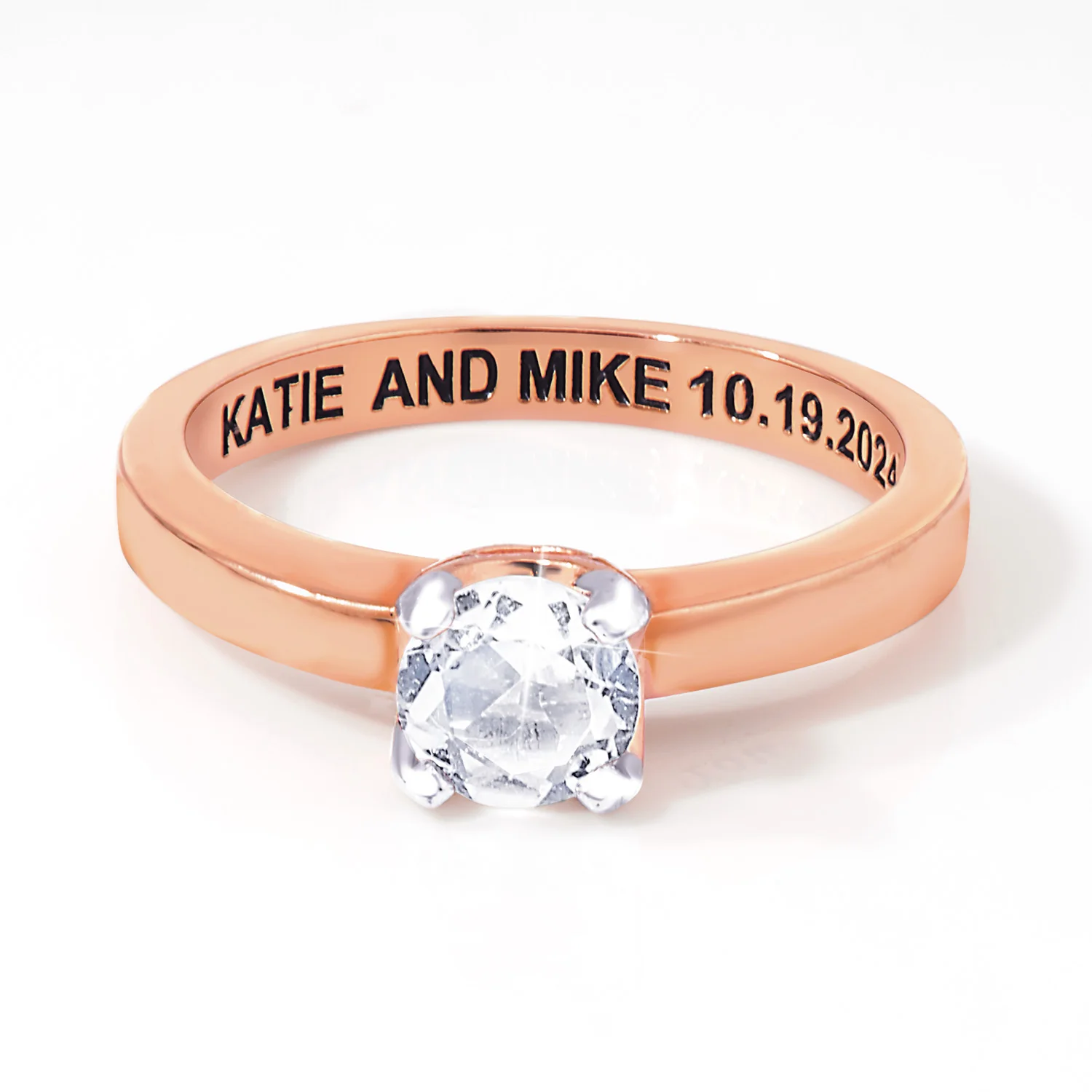 Rose Gold over Sterling Brillant White Topaz Solitaire Open Heart Engraved Wedding Ring