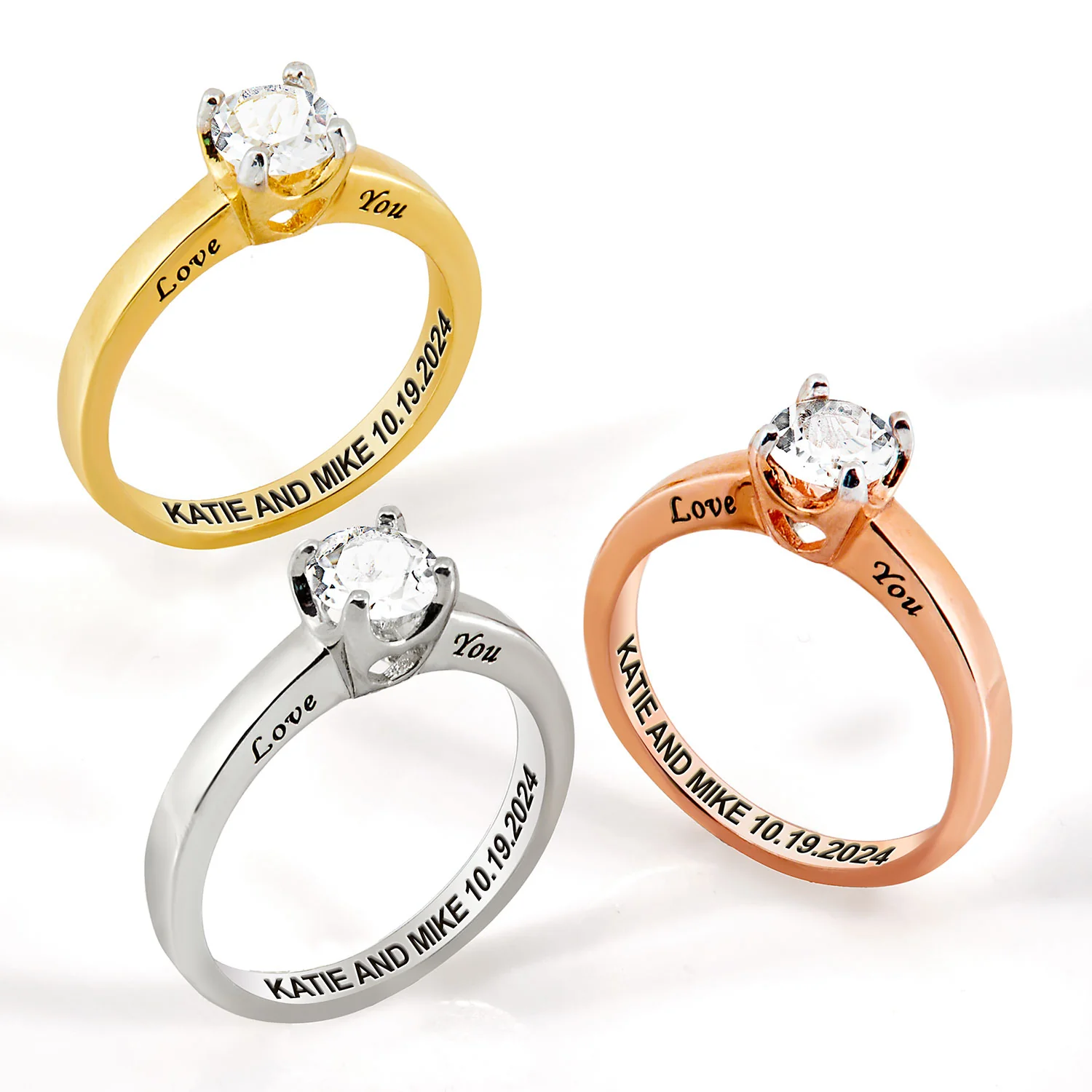 Rose Gold over Sterling Brillant White Topaz Solitaire Open Heart Engraved Wedding Ring - Image 6
