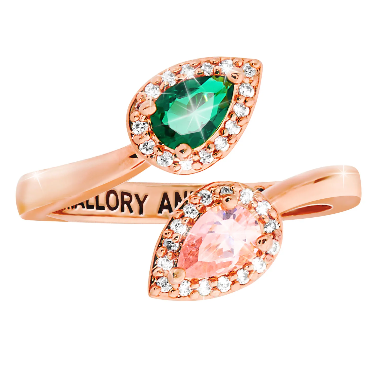 Rose Gold over Sterling Couple's Pear Birthstone CZ Halo Bypass Ring - Image 3