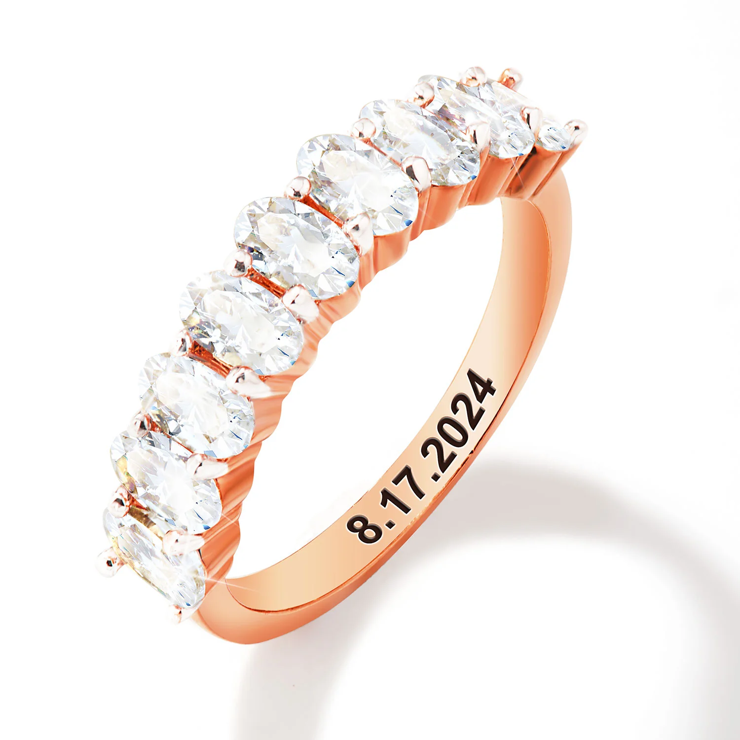 Rose Gold over Sterling Engraved Oval Half Eternity White Topaz Ring - Image 4