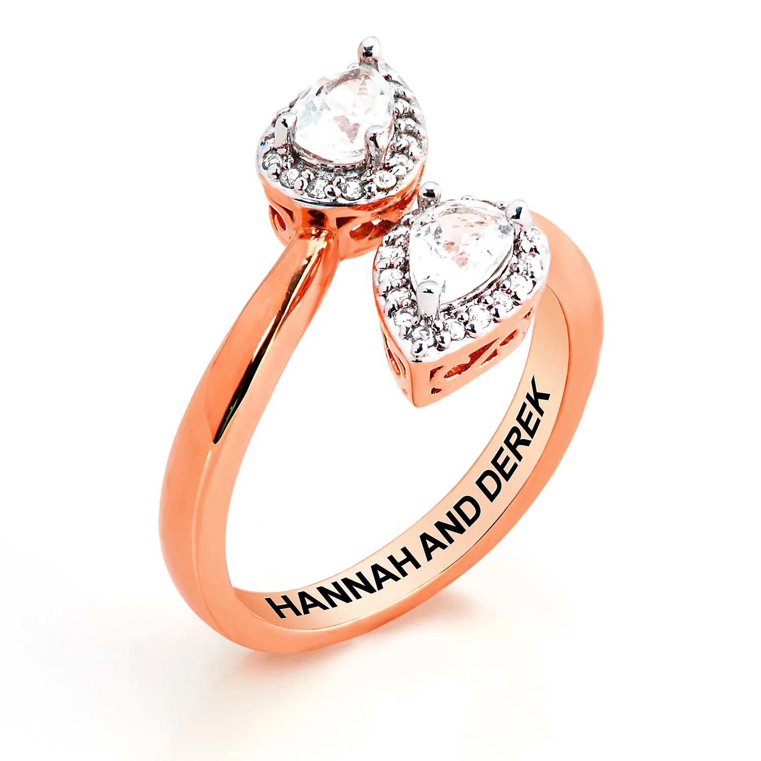 Rose Gold over Sterling Halo Pear White Topaz Engraved Bypass Ring - Image 3