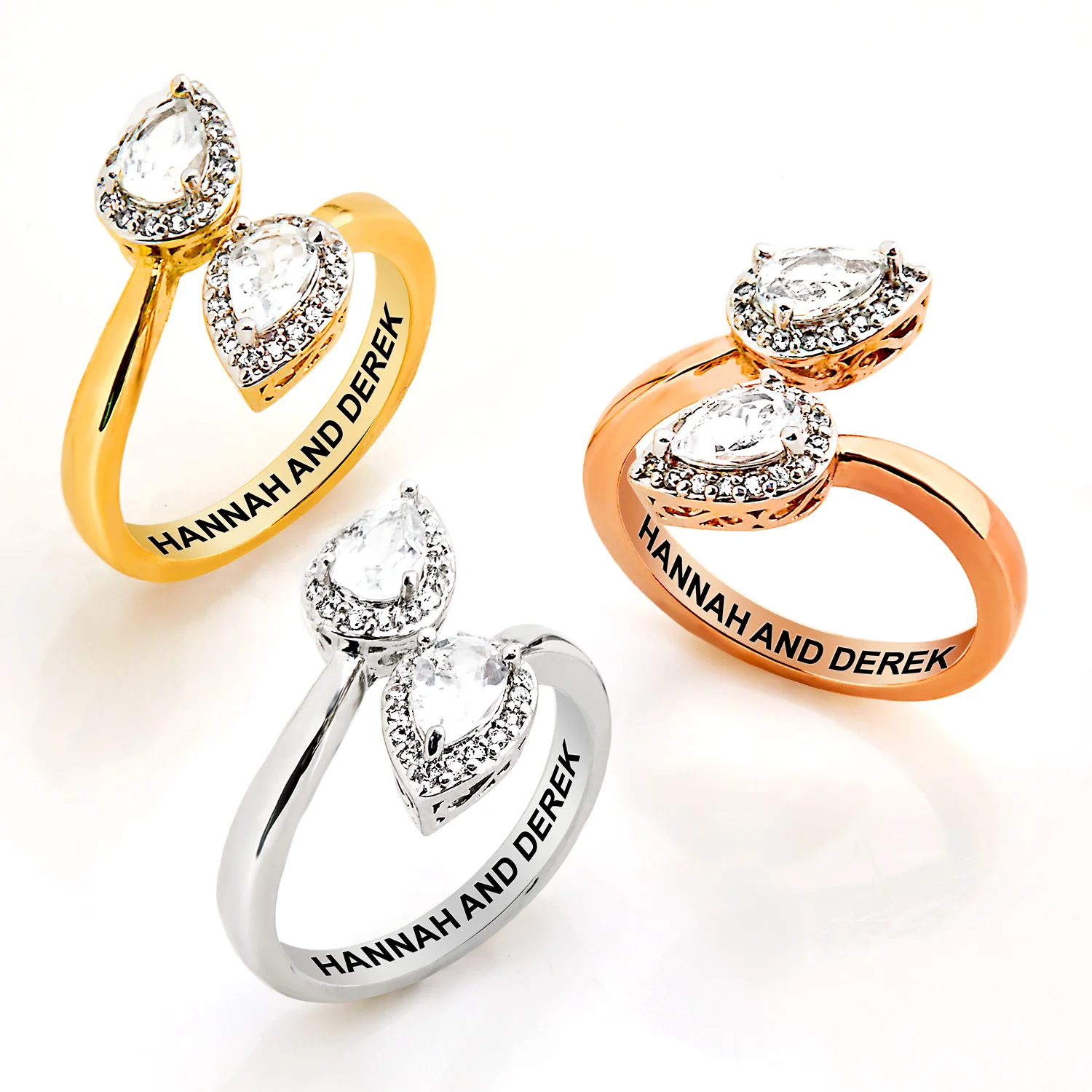 Rose Gold over Sterling Halo Pear White Topaz Engraved Bypass Ring - Image 5