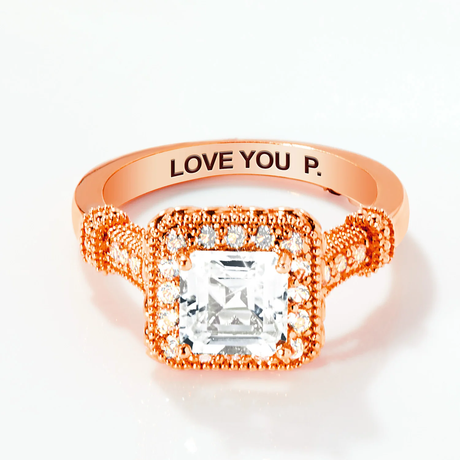 Rose Gold over Sterling Halo Square White Topaz Vintage Hidden Messages Birthstone Ring