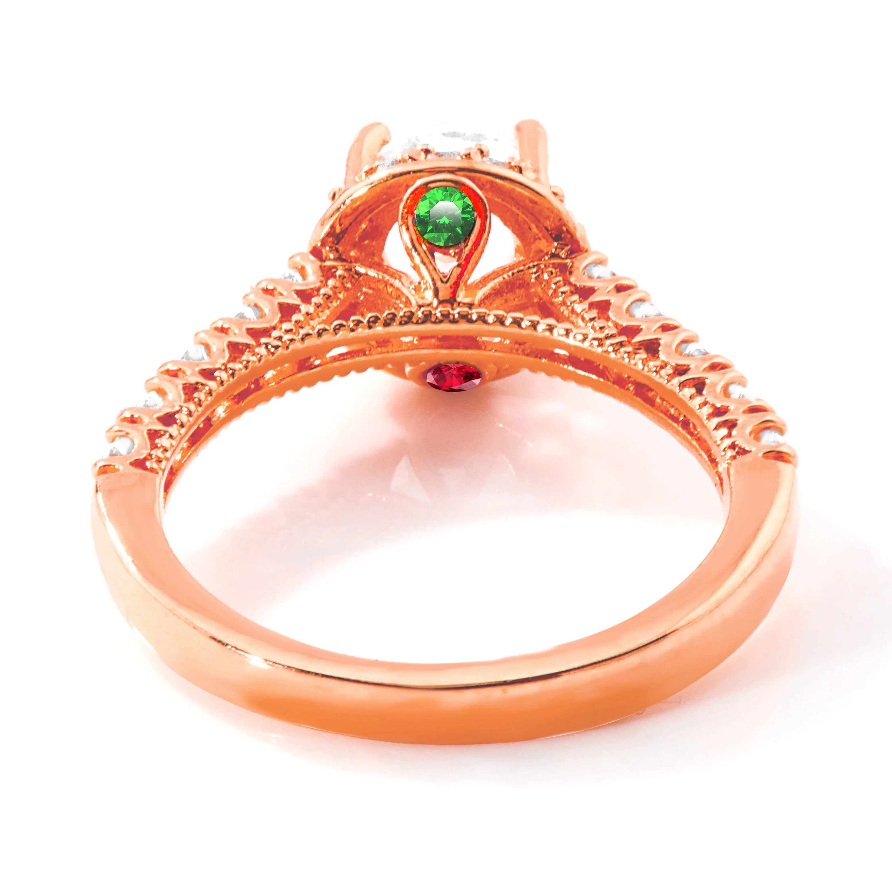 Rose Gold over Sterling Hidden Halo and Birthstone White Topaz Solitaire Engraved Engagement Ring - Image 4