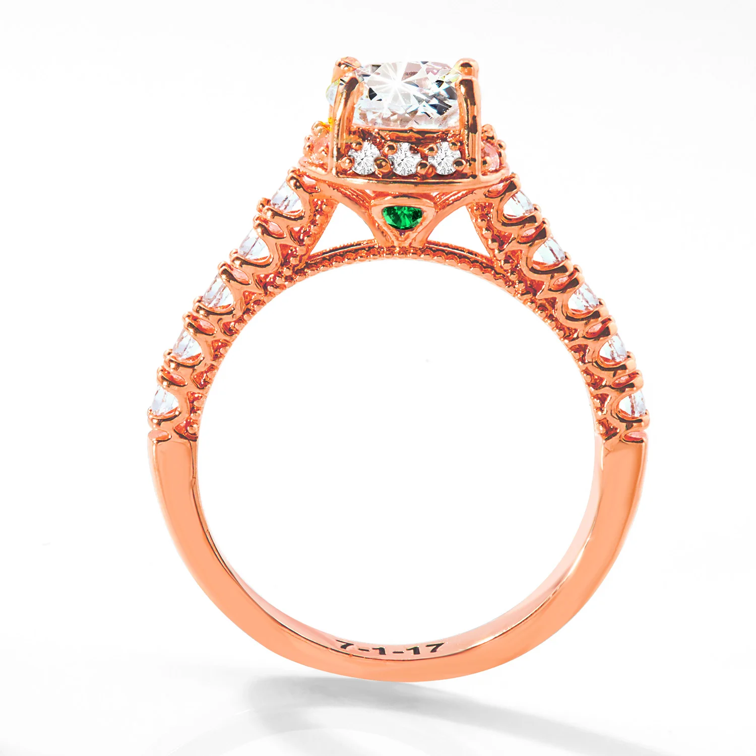 Rose Gold over Sterling Hidden Halo and Birthstone White Topaz Solitaire Engraved Engagement Ring - Image 6