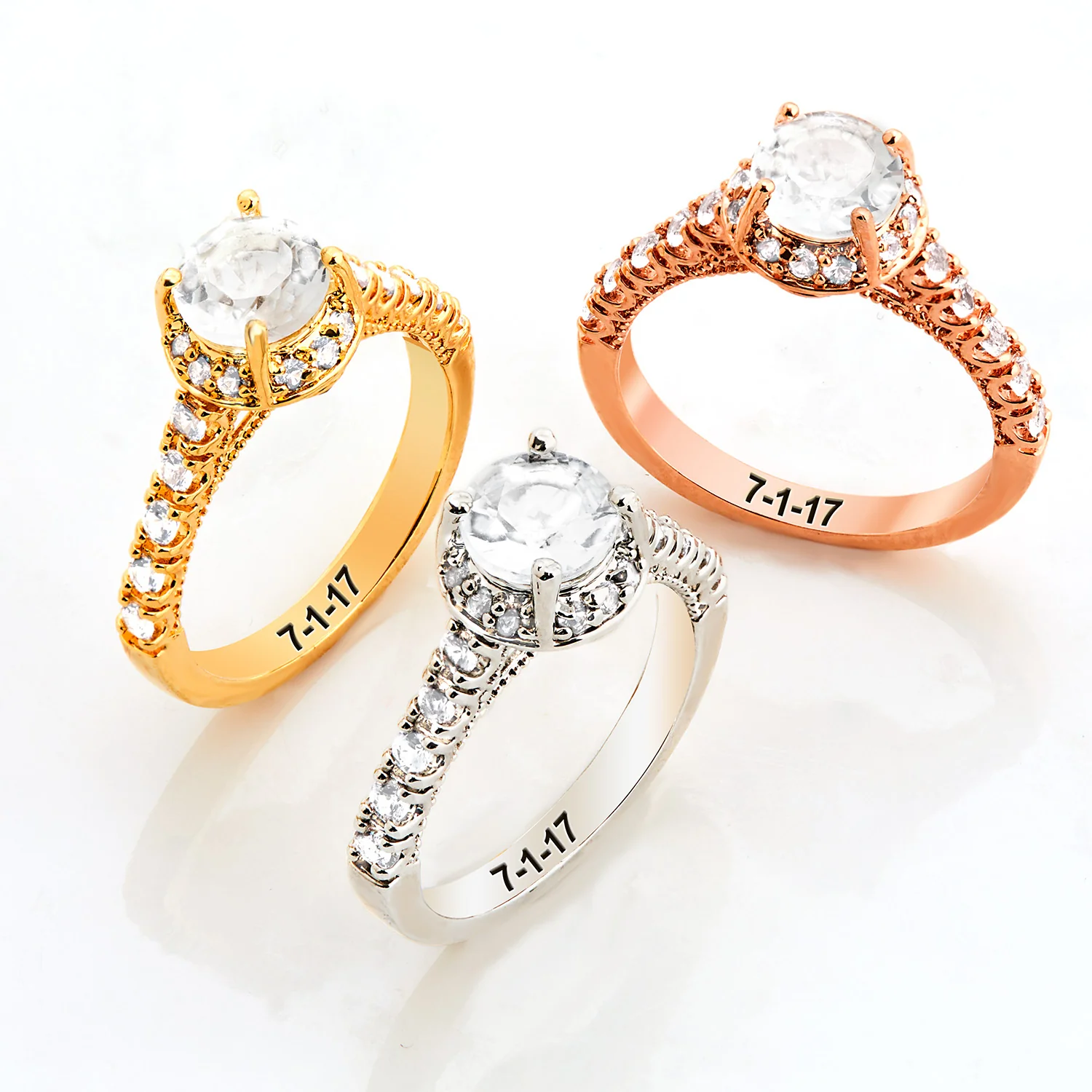 Rose Gold over Sterling Hidden Halo and Birthstone White Topaz Solitaire Engraved Engagement Ring - Image 7