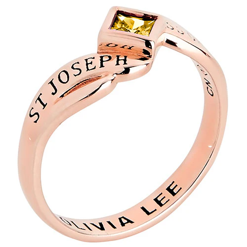 Rose Gold over Sterling Women's Bypass Princess Cut Birthstone Fashion Class Ring - Image 2