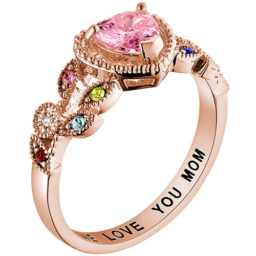 14K Rose Gold over Sterling Mother's Heart Family Birthstone Ring - Image 2