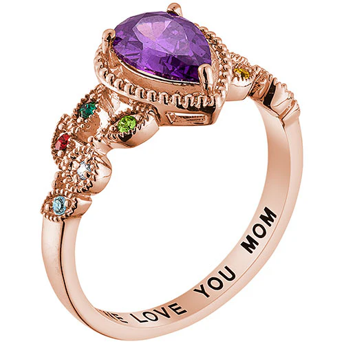 14K Rose Gold over Sterling Mother's Pear Family Birthstone Ring - Image 2
