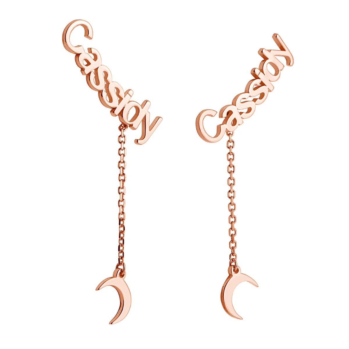 14K Rose Gold over Sterling Name with Moon Charm Dangle Crawler Earrings - Image 3