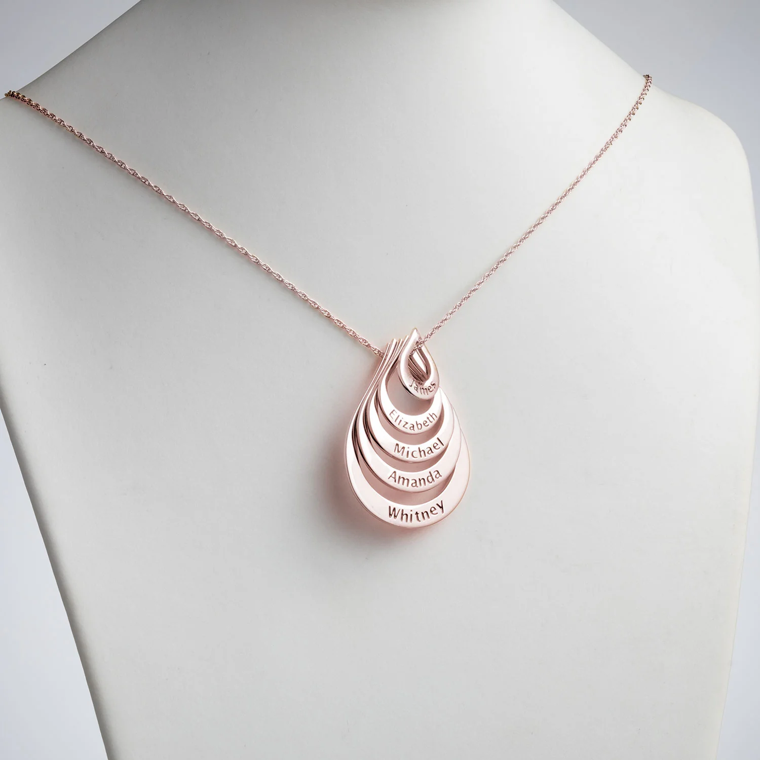 14K Rose Gold over Sterling Nesting Teardrop with Names Necklace - 5 Names - Image 2