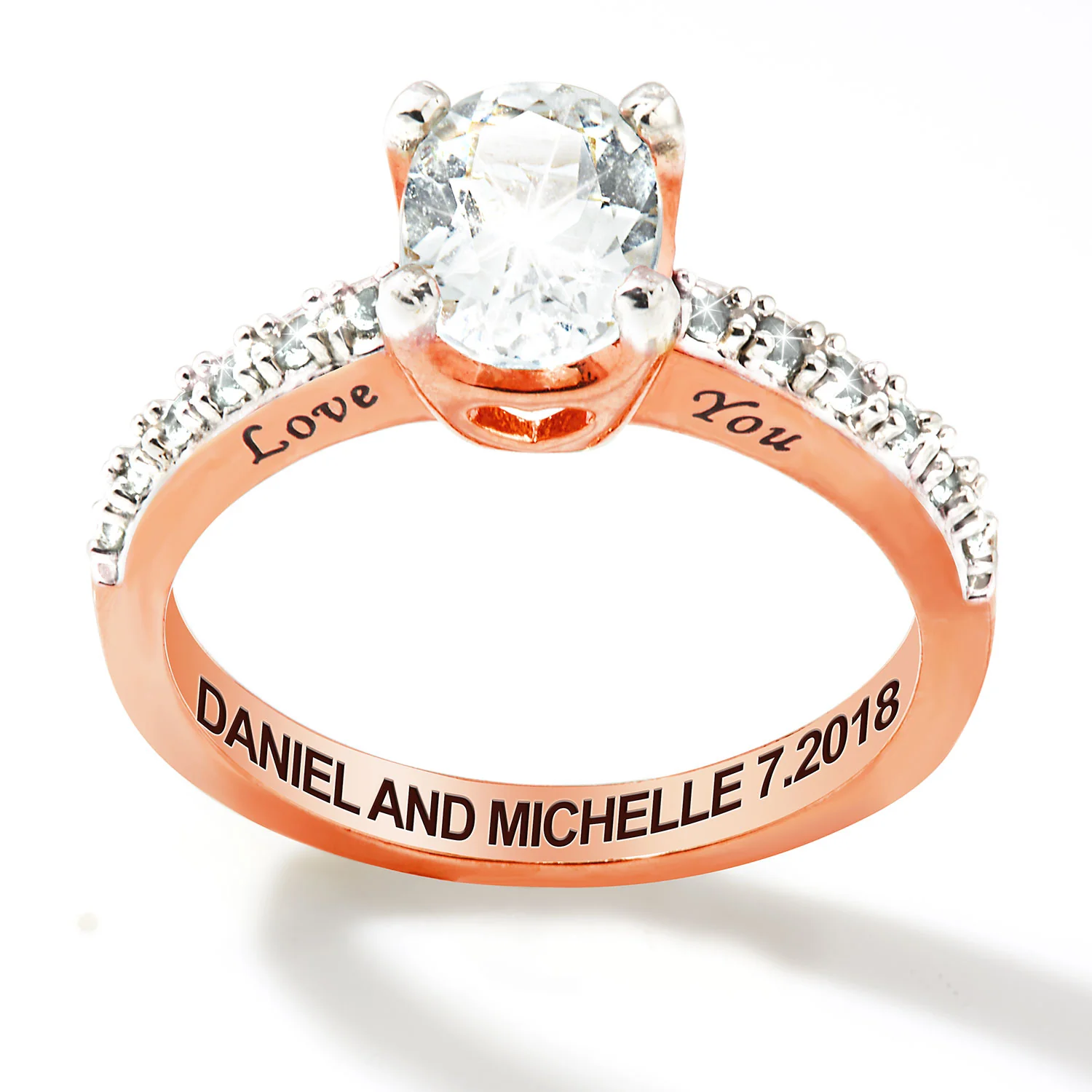 Rose Gold over Sterling Oval White Topaz Open Heart Engraved Wedding Ring - Image 3