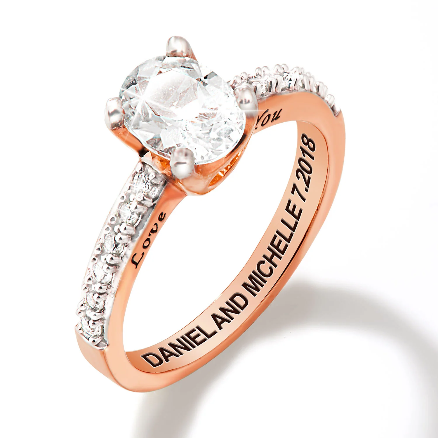 Rose Gold over Sterling Oval White Topaz Open Heart Engraved Wedding Ring - Image 4