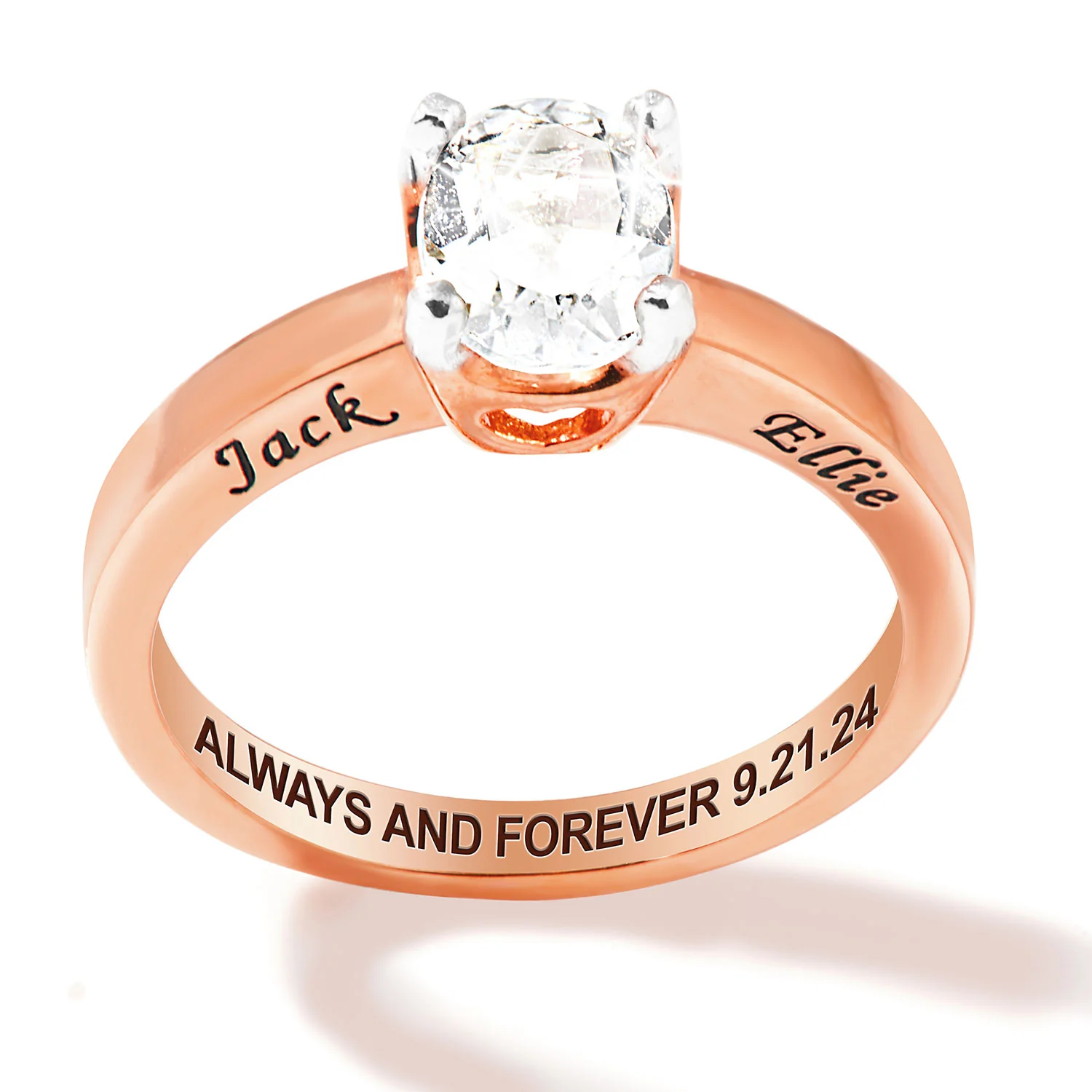 Rose Gold over Sterling Oval White Topaz Solitaire Open Heart Engraved Wedding Ring - Image 3