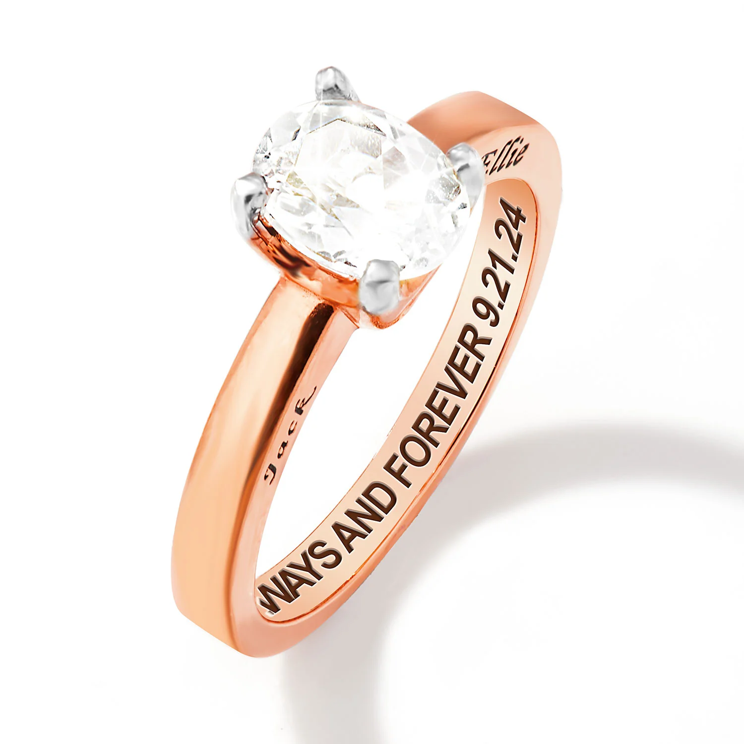 Rose Gold over Sterling Oval White Topaz Solitaire Open Heart Engraved Wedding Ring - Image 4
