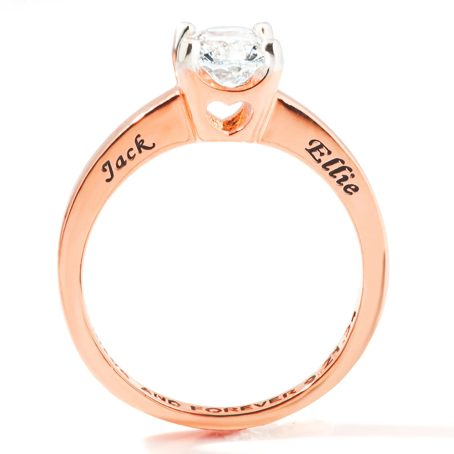 Rose Gold over Sterling Oval White Topaz Solitaire Open Heart Engraved Wedding Ring - Image 5