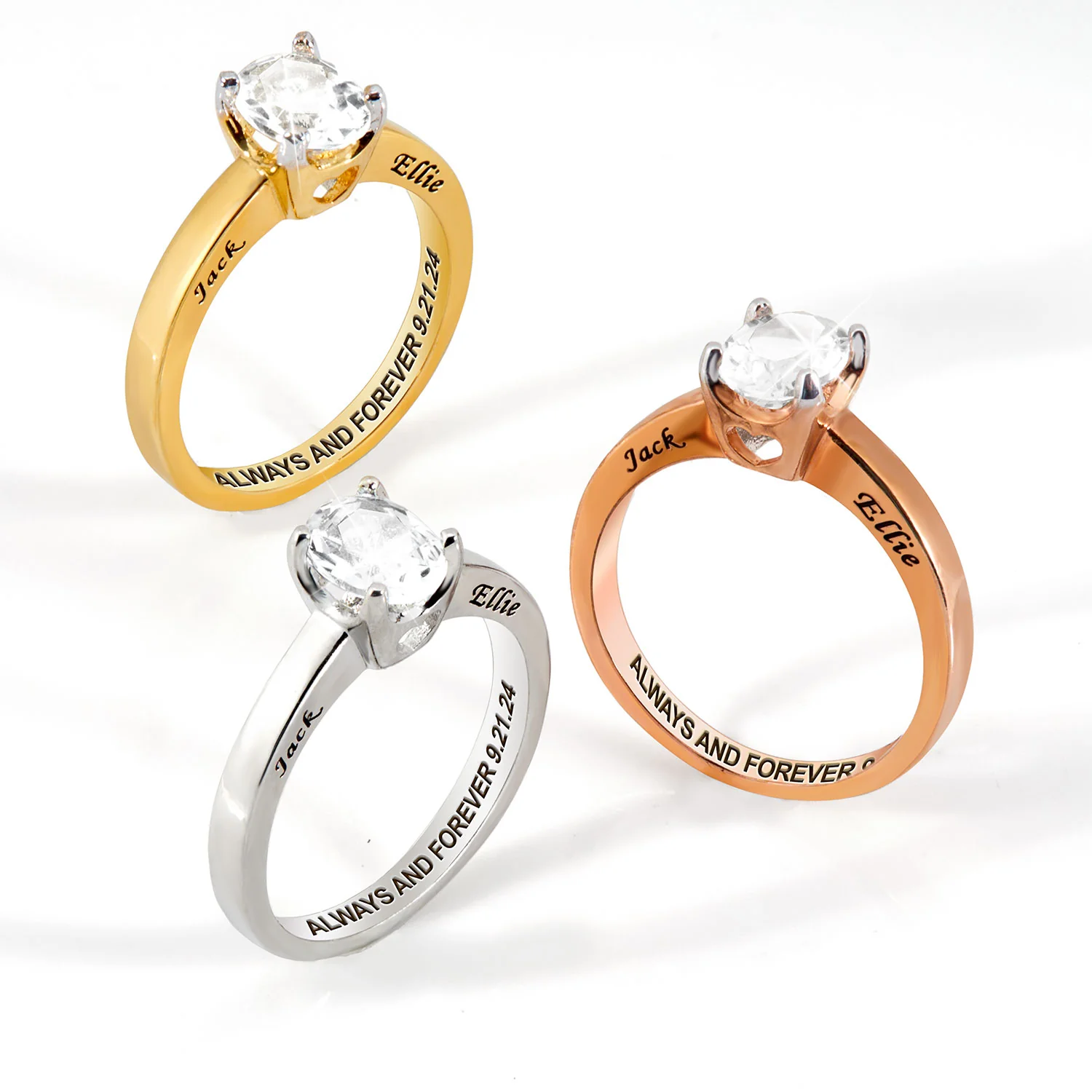 Rose Gold over Sterling Oval White Topaz Solitaire Open Heart Engraved Wedding Ring - Image 6