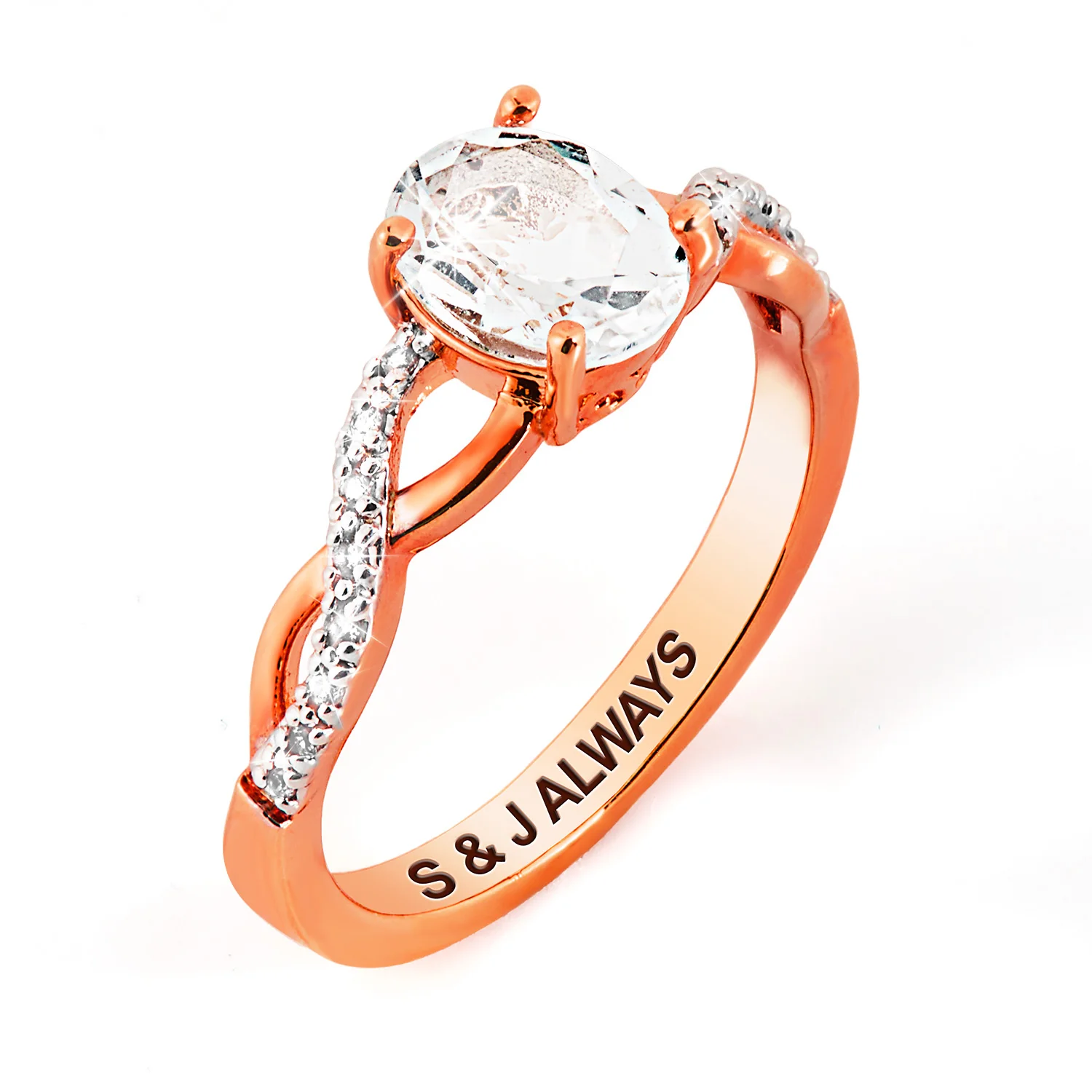 Rose Gold over Sterling Oval White Topaz Twist Engagement Ring - Image 3