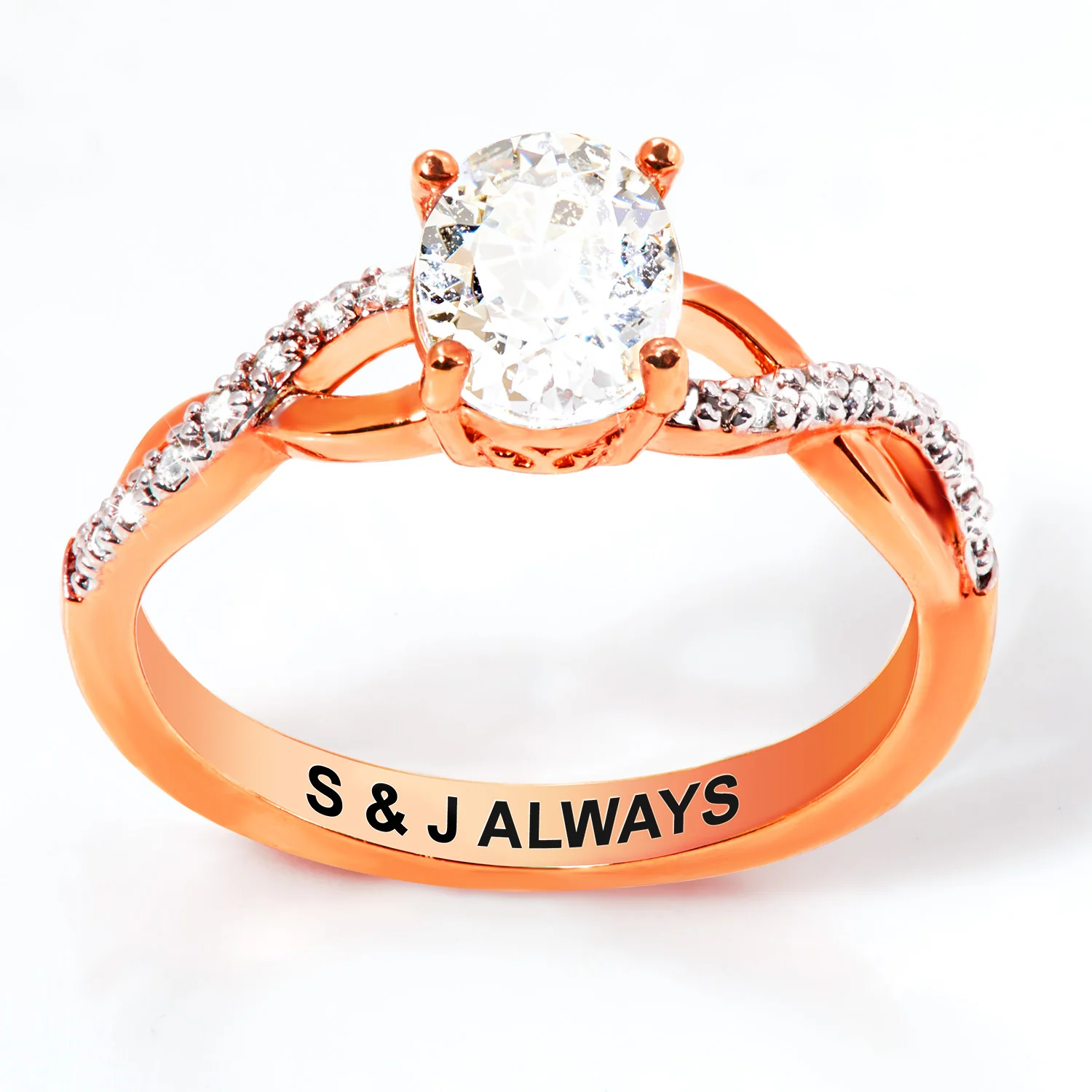 Rose Gold over Sterling Oval White Topaz Twist Engagement Ring - Image 4