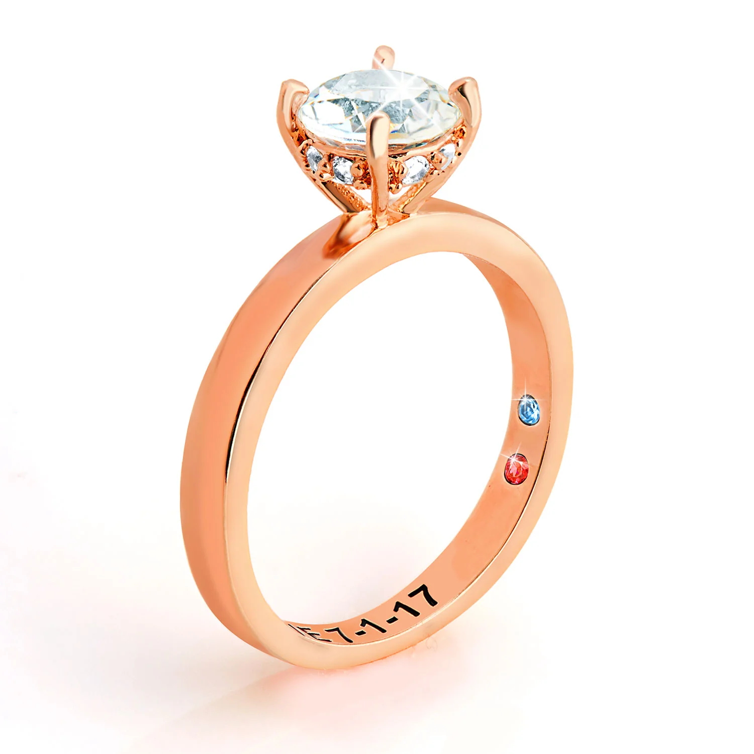 Rose Gold over Sterling Round Hidden Halo White Topaz Hidden Birthstone Engagement Ring - Image 4