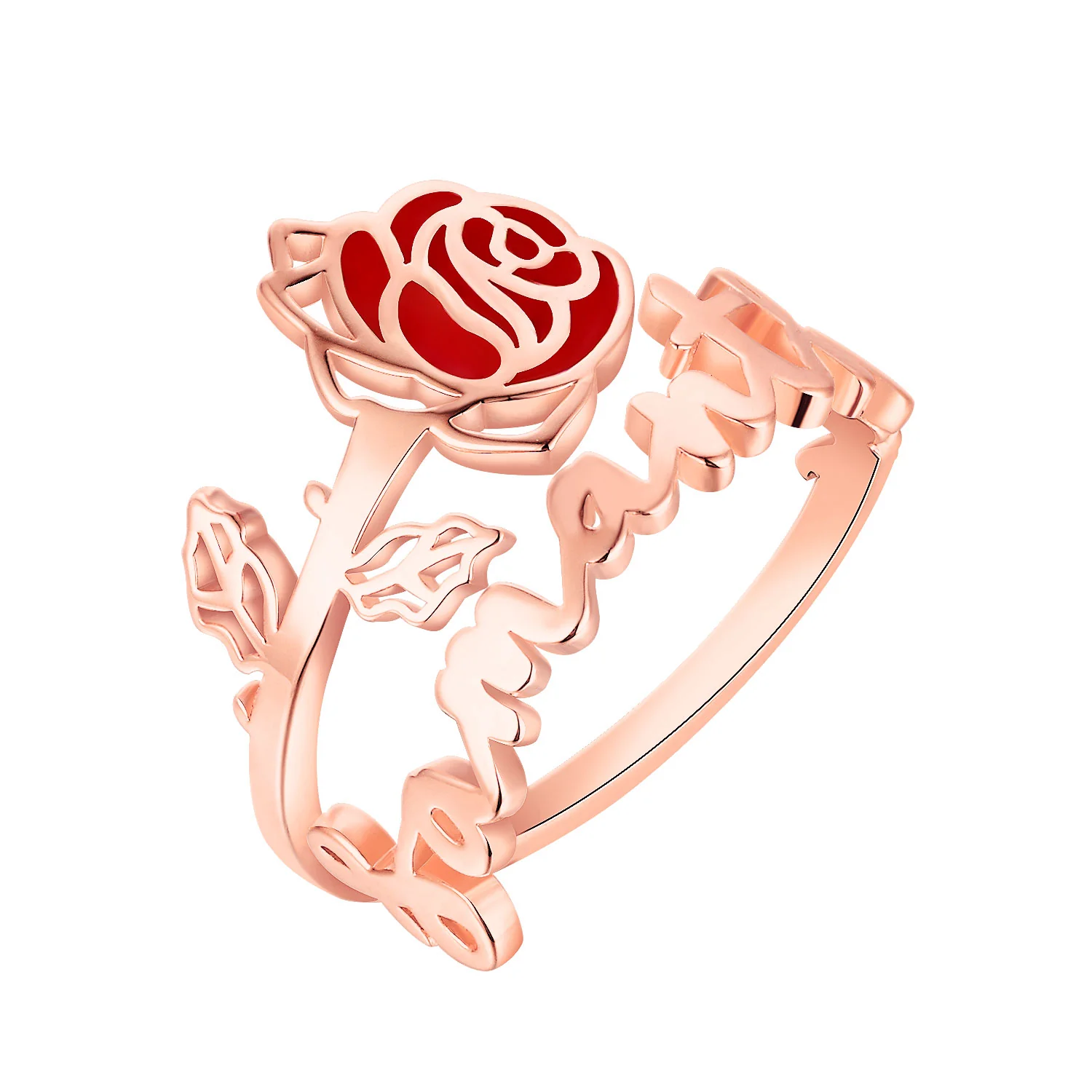 Rose Gold Plated Script Name and Birthmonth Enamel Flower Bypass Ring - Image 3