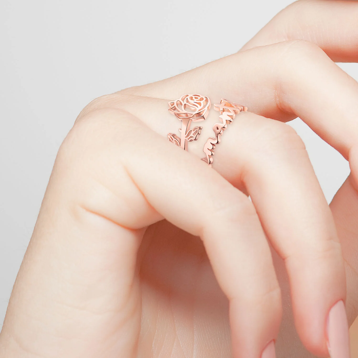 Rose Gold over Sterling Script Name and Birthmonth Flower Bypass Ring - Image 2