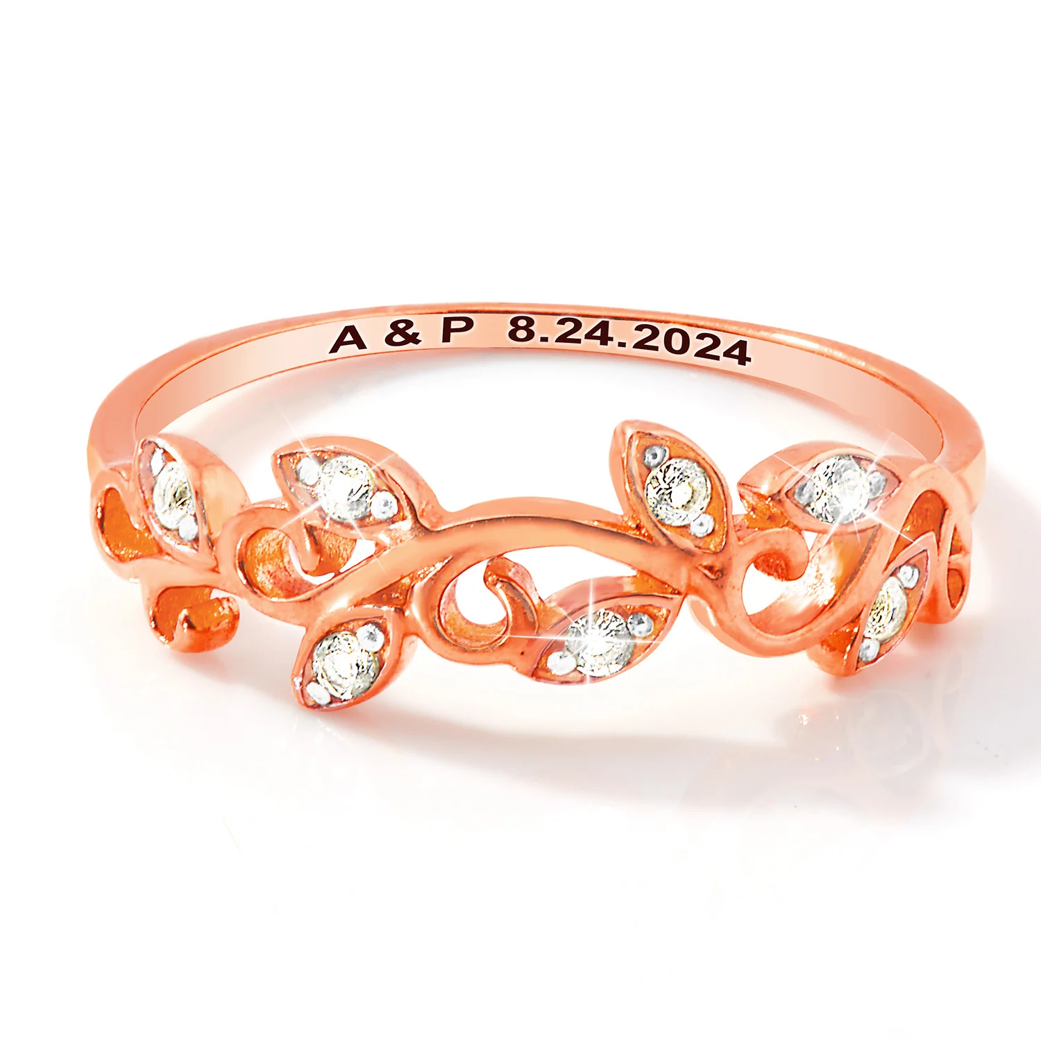 Rose Gold over Sterling Scroll Leaf White Topaz Band Ring