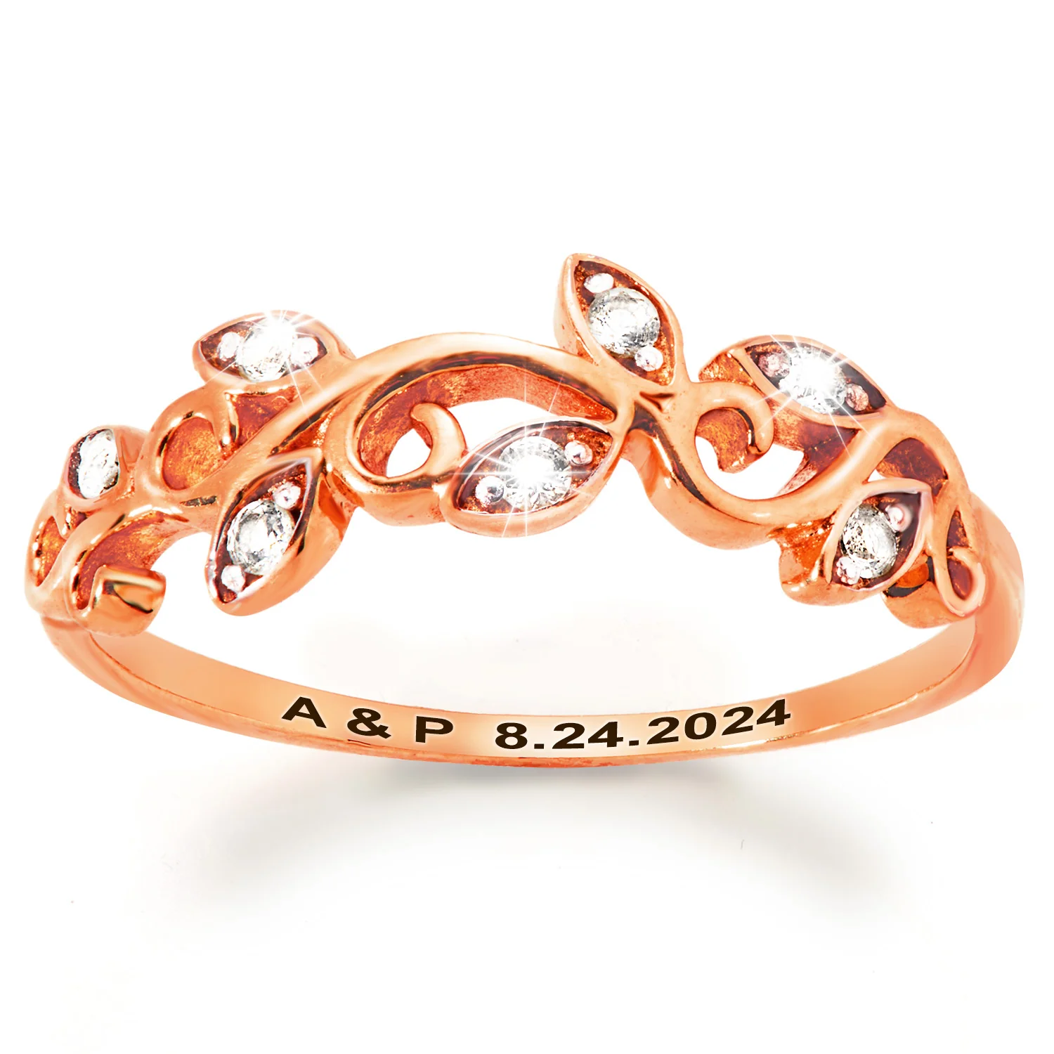 Rose Gold over Sterling Scroll Leaf White Topaz Band Ring - Image 4