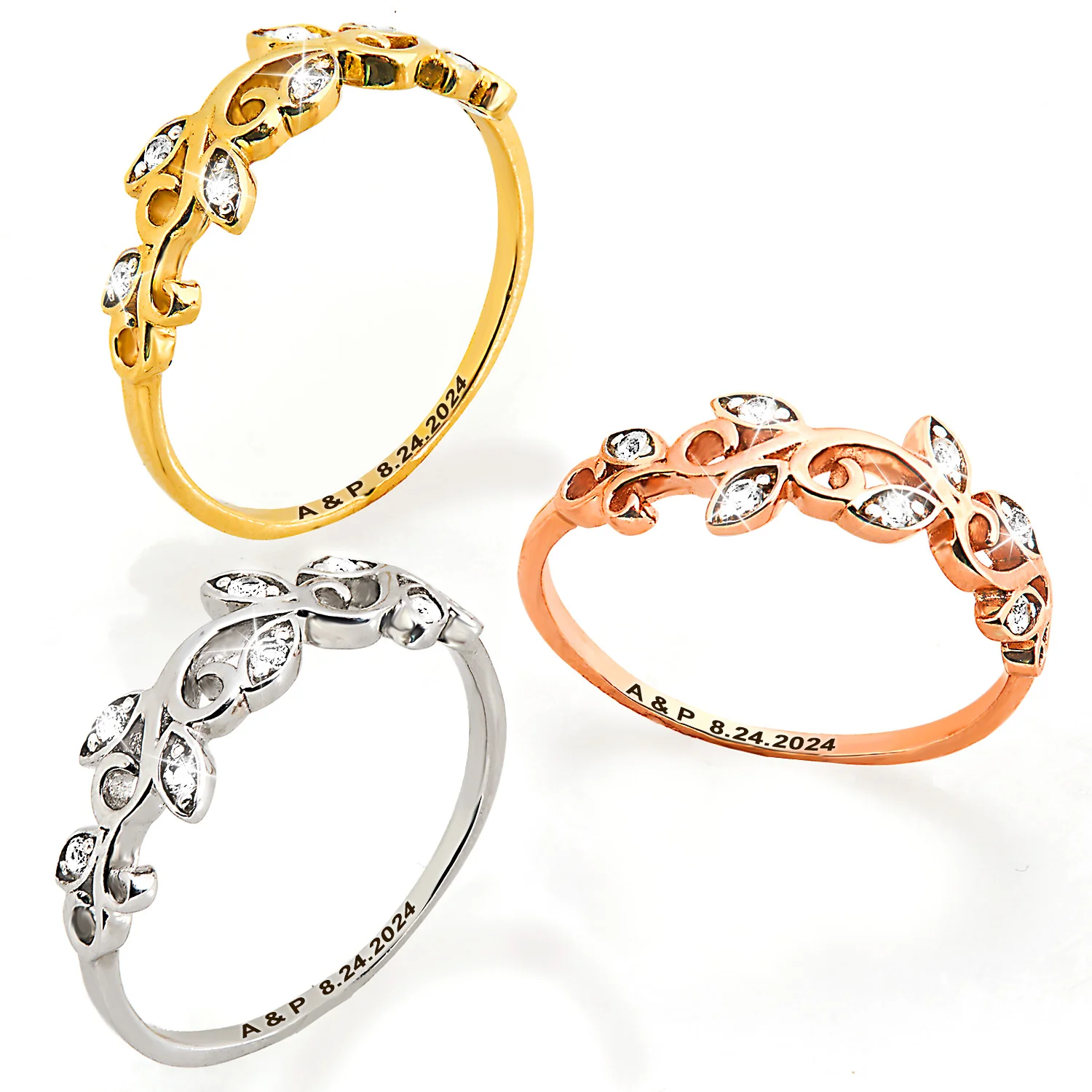 Rose Gold over Sterling Scroll Leaf White Topaz Band Ring - Image 6