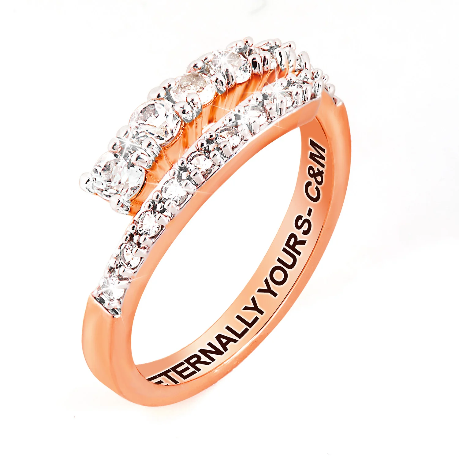 Rose Gold over Sterling Silver Engraved White Topaz Bypass Ring - Image 3