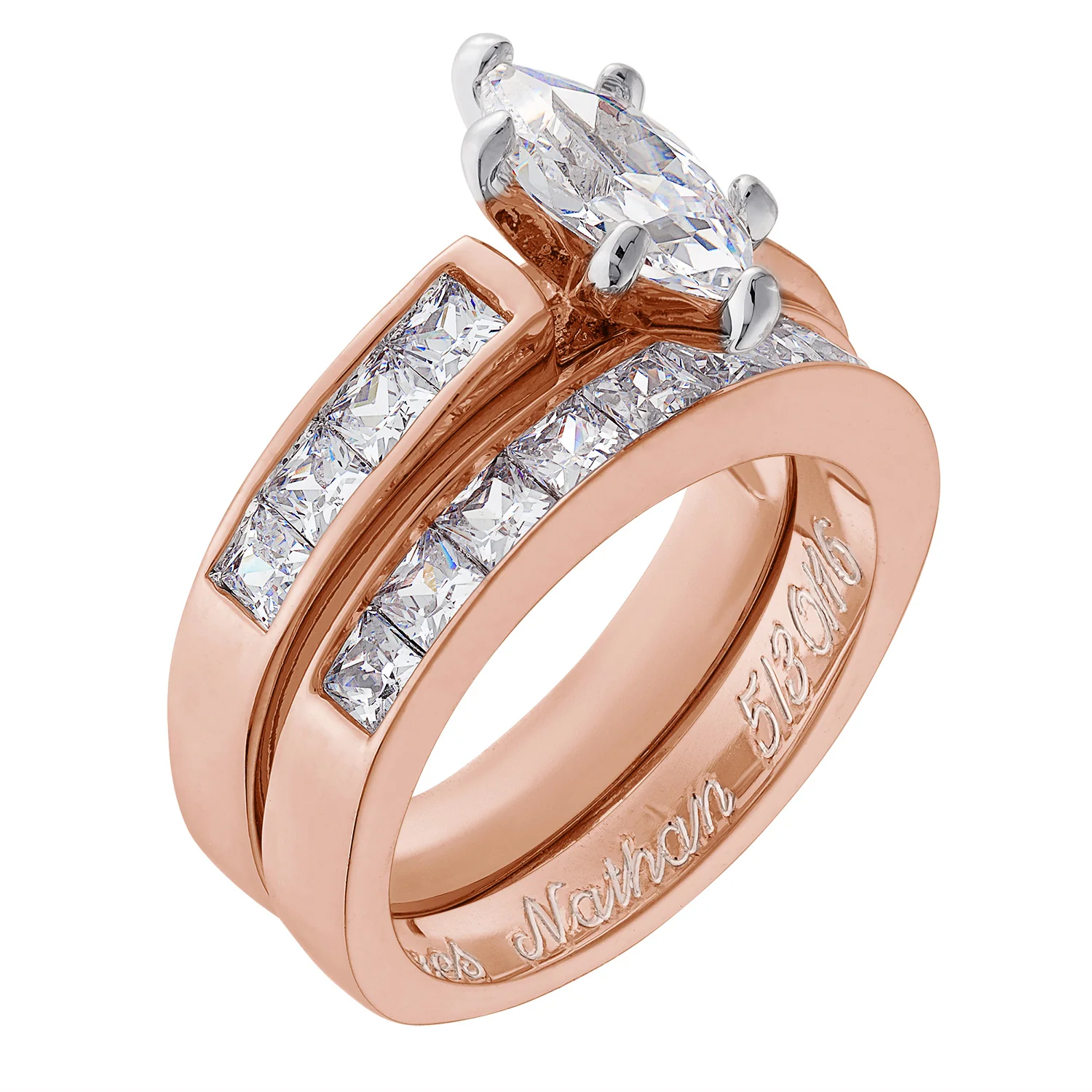 14K Rose Gold over Sterling Sparkling Marquise Wedding Ring Set - Image 2