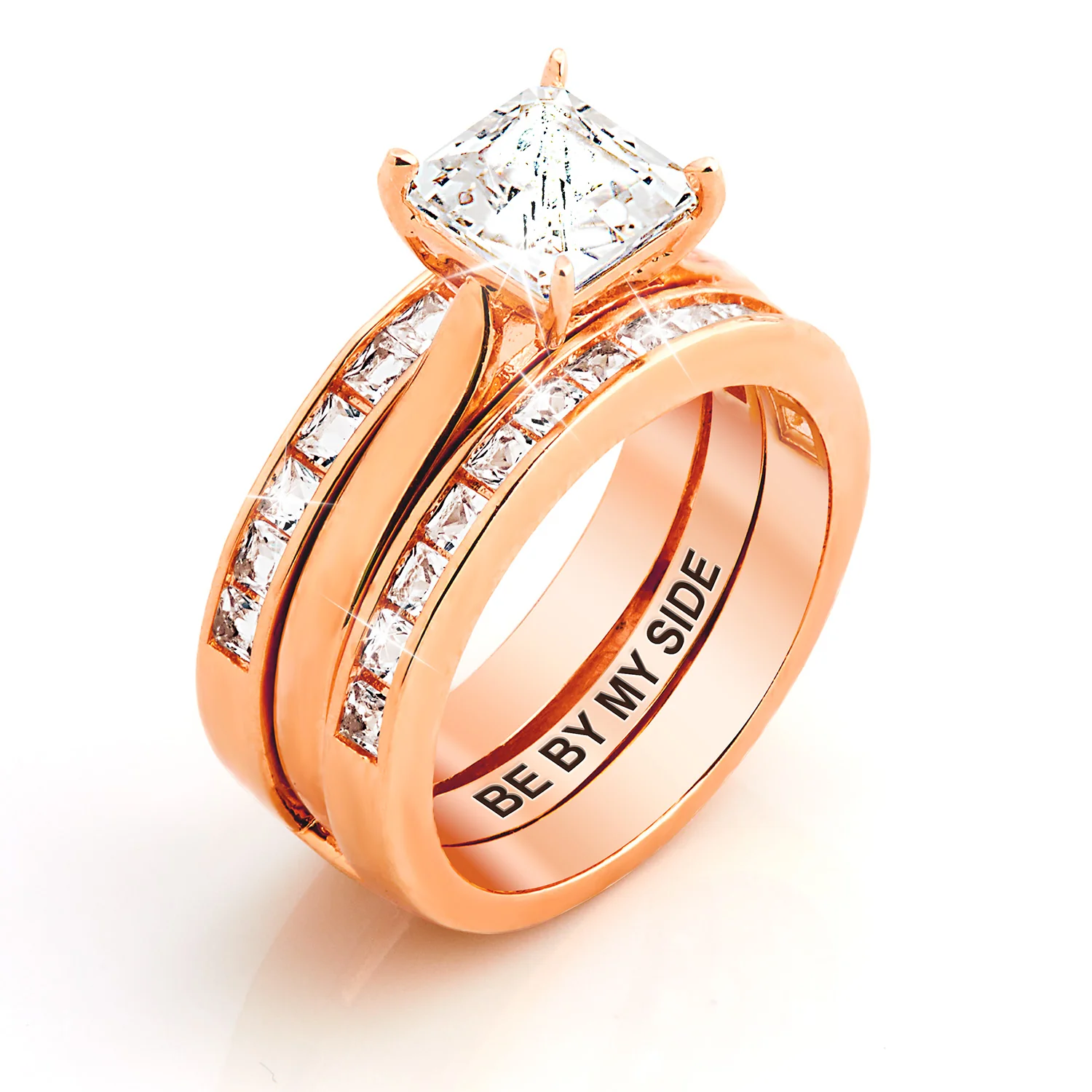 Rose Gold over Sterling Square White Topaz Engraved Enhancer Engagement Ring Set - Image 2