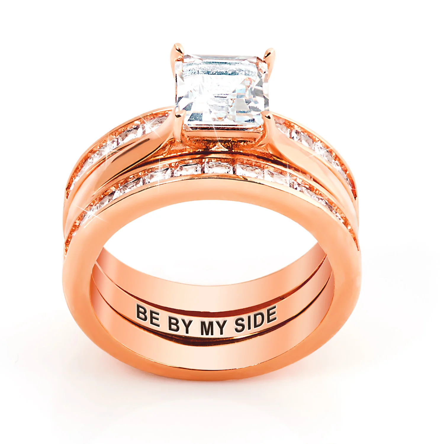 Rose Gold over Sterling Square White Topaz Engraved Enhancer Engagement Ring Set - Image 3