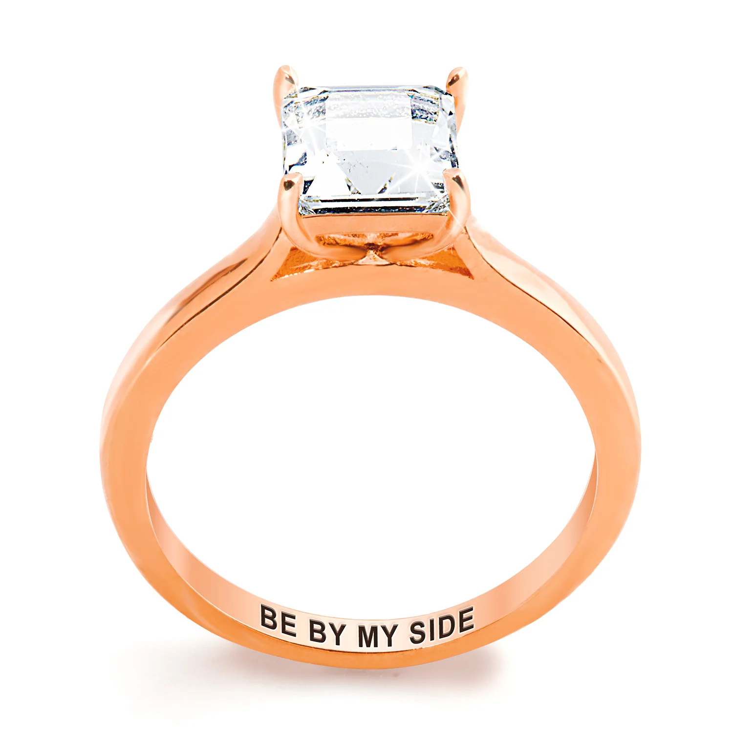 Rose Gold over Sterling Square White Topaz Engraved Enhancer Engagement Ring Set - Image 4
