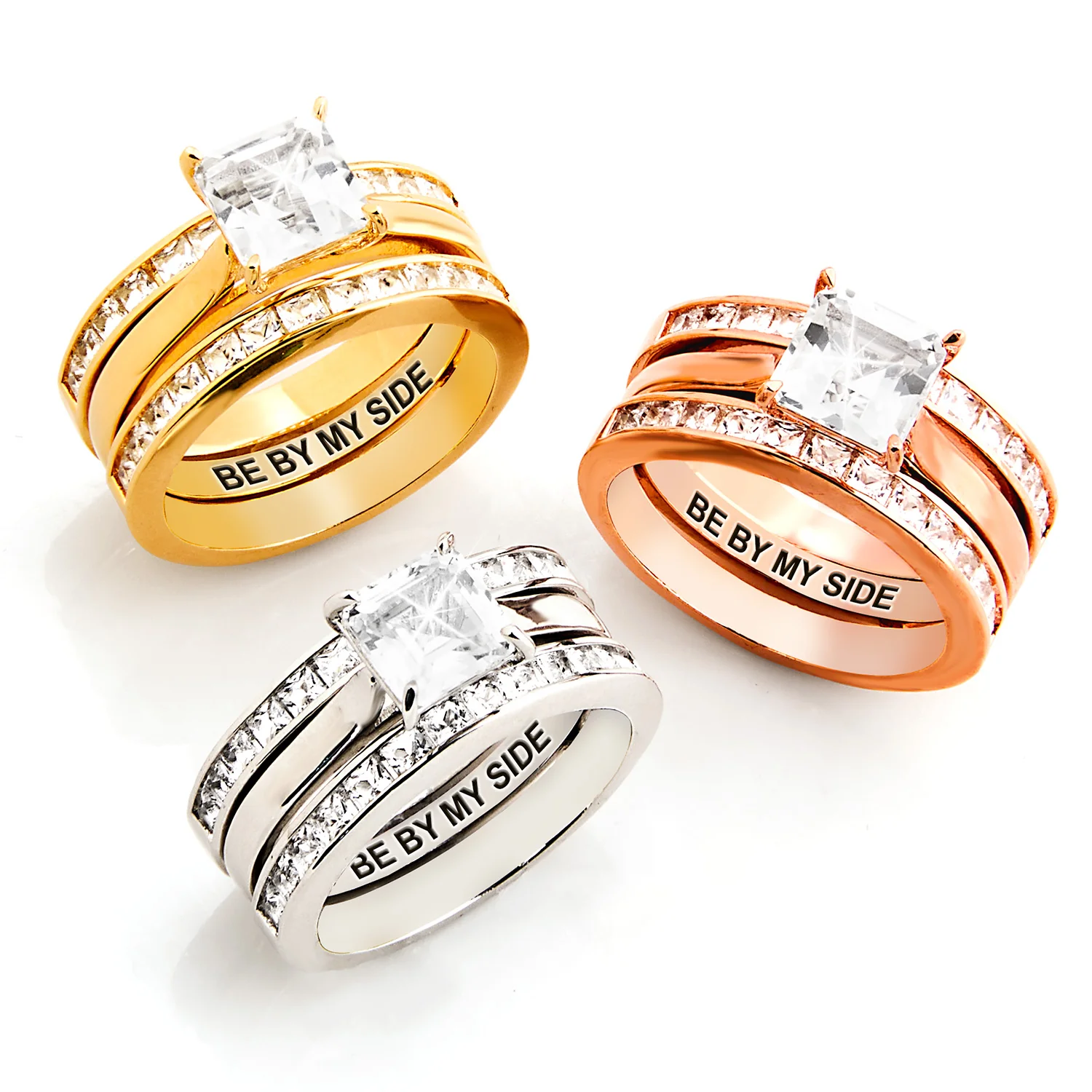 Rose Gold over Sterling Square White Topaz Engraved Enhancer Engagement Ring Set - Image 7