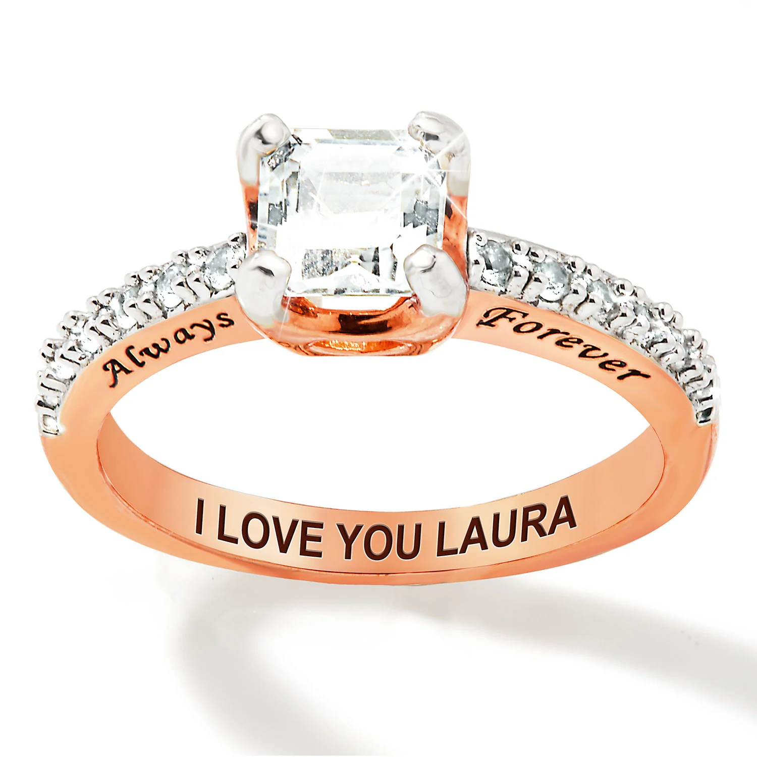Rose Gold over Sterling Square White Topaz Open Heart Engraved Wedding Ring - Image 3