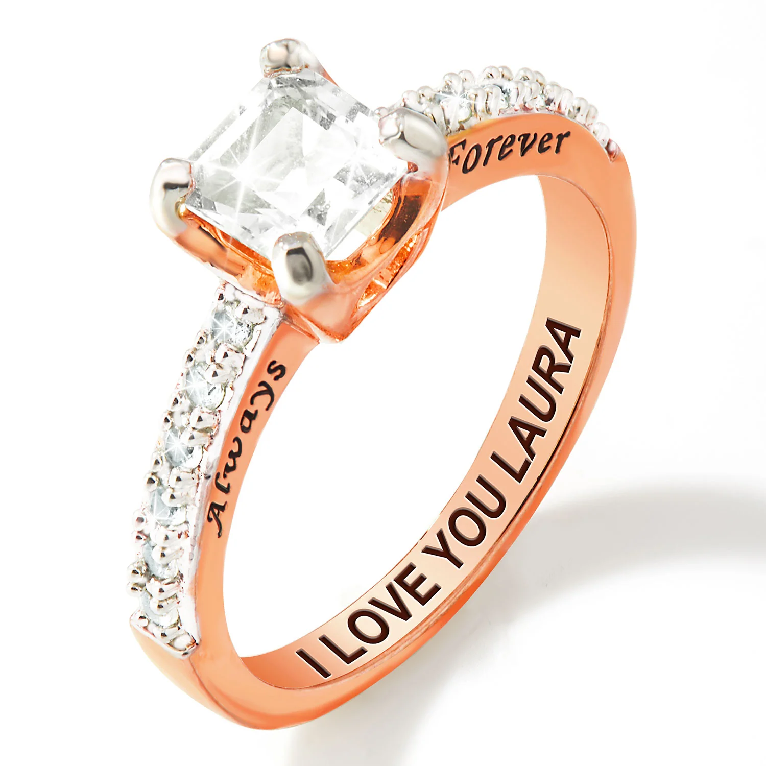 Rose Gold over Sterling Square White Topaz Open Heart Engraved Wedding Ring - Image 4