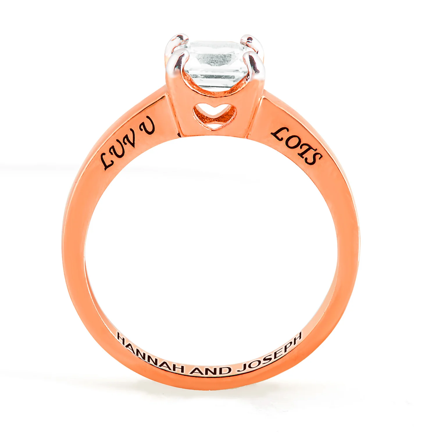 Rose Gold over Sterling Square White Topaz Solitaire Open Heart Engraved Wedding Ring - Image 4