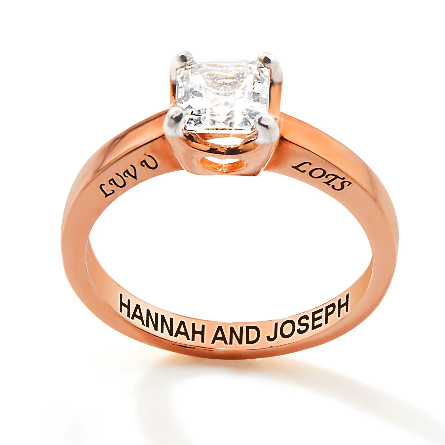 Rose Gold over Sterling Square White Topaz Solitaire Open Heart Engraved Wedding Ring - Image 6