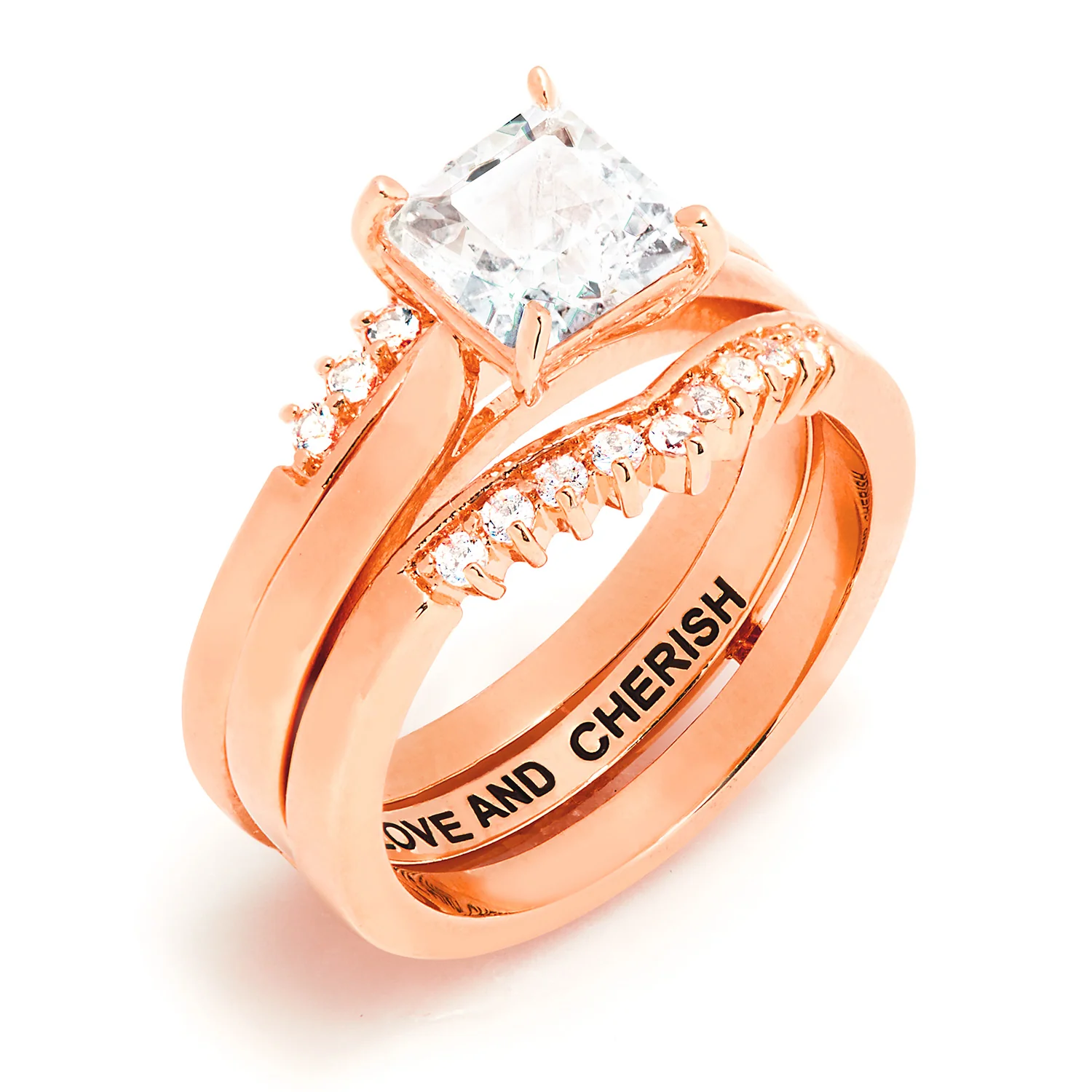 Rose Gold over Sterling Square White Topaz Solitaire with Enhancer Engraved Engagement Ring Set - Image 3